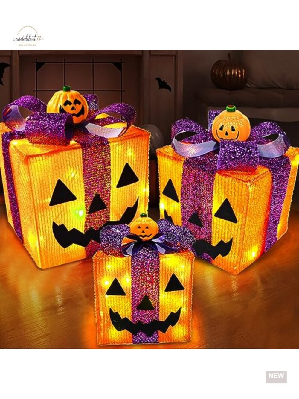 Lighted Halloween Pumpkin Gift Boxes 3 Pack Timer 60 LED Indoor Outdoor